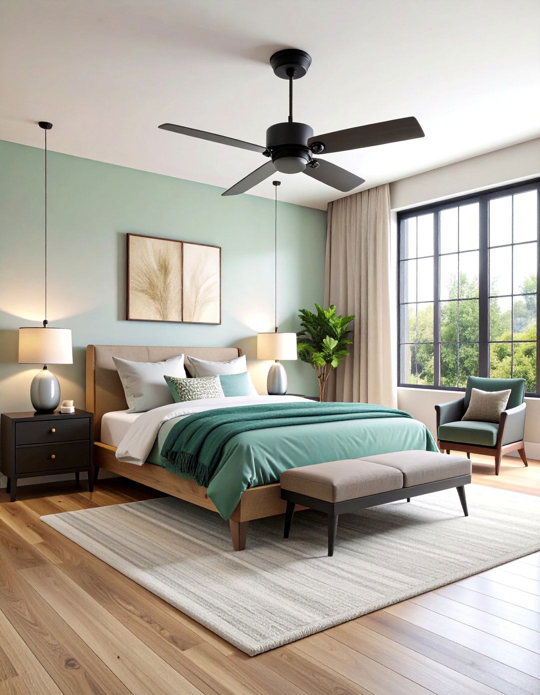 Black Ceiling Fan with Green Blade Accents - 25 Black and Green Bedroom Design Ideas