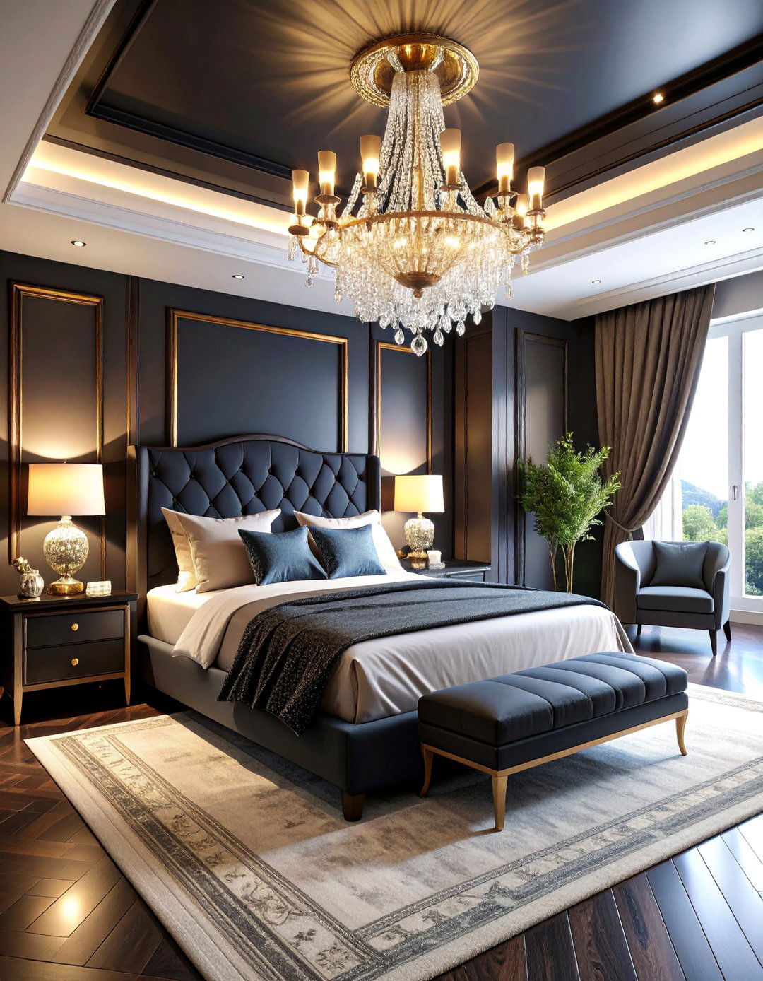 Black Ceiling with Stunning Crystal Chandelier - 25 black ceiling ideas