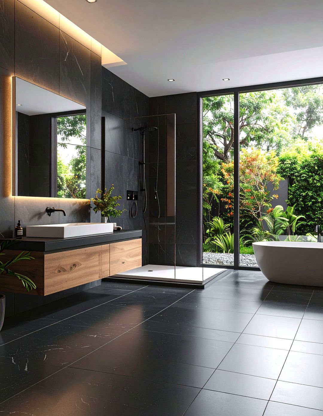 Black Ceramic Large Format Contemporary Floor - 25 Black Floor Bathroom Ideas