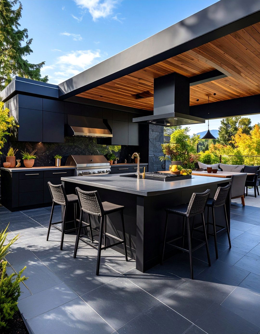 Black Concrete Patio with Built in Outdoor Kitchen and Bar - 25 black concrete patio ideas