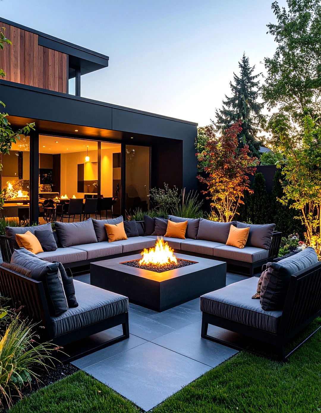 Black Concrete Patio with Geometric Fire Pit and Seating Walls - 25 black concrete patio ideas