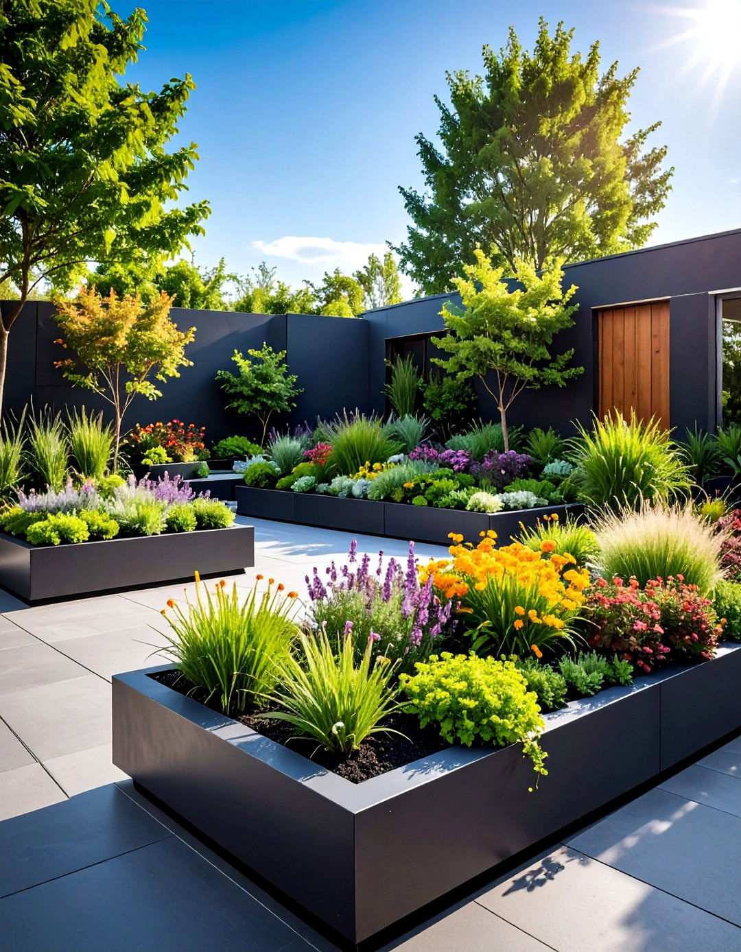 Black Concrete Patio with Modular Planter System - 25 black concrete patio ideas