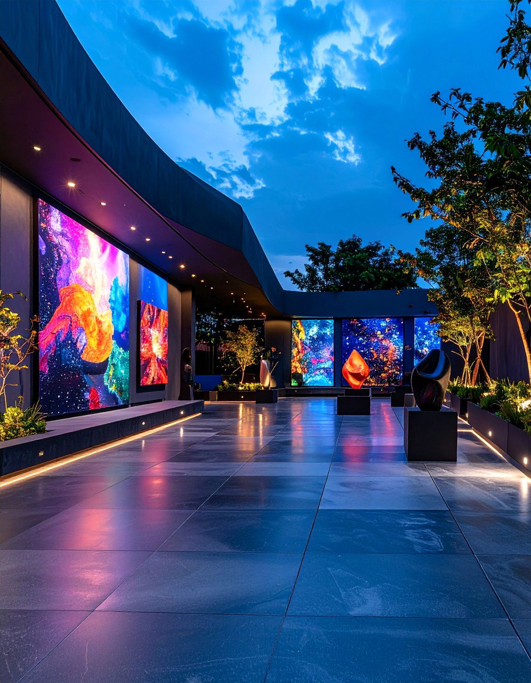 Black Concrete Patio with Outdoor Art and Sculpture Display - 25 black concrete patio ideas