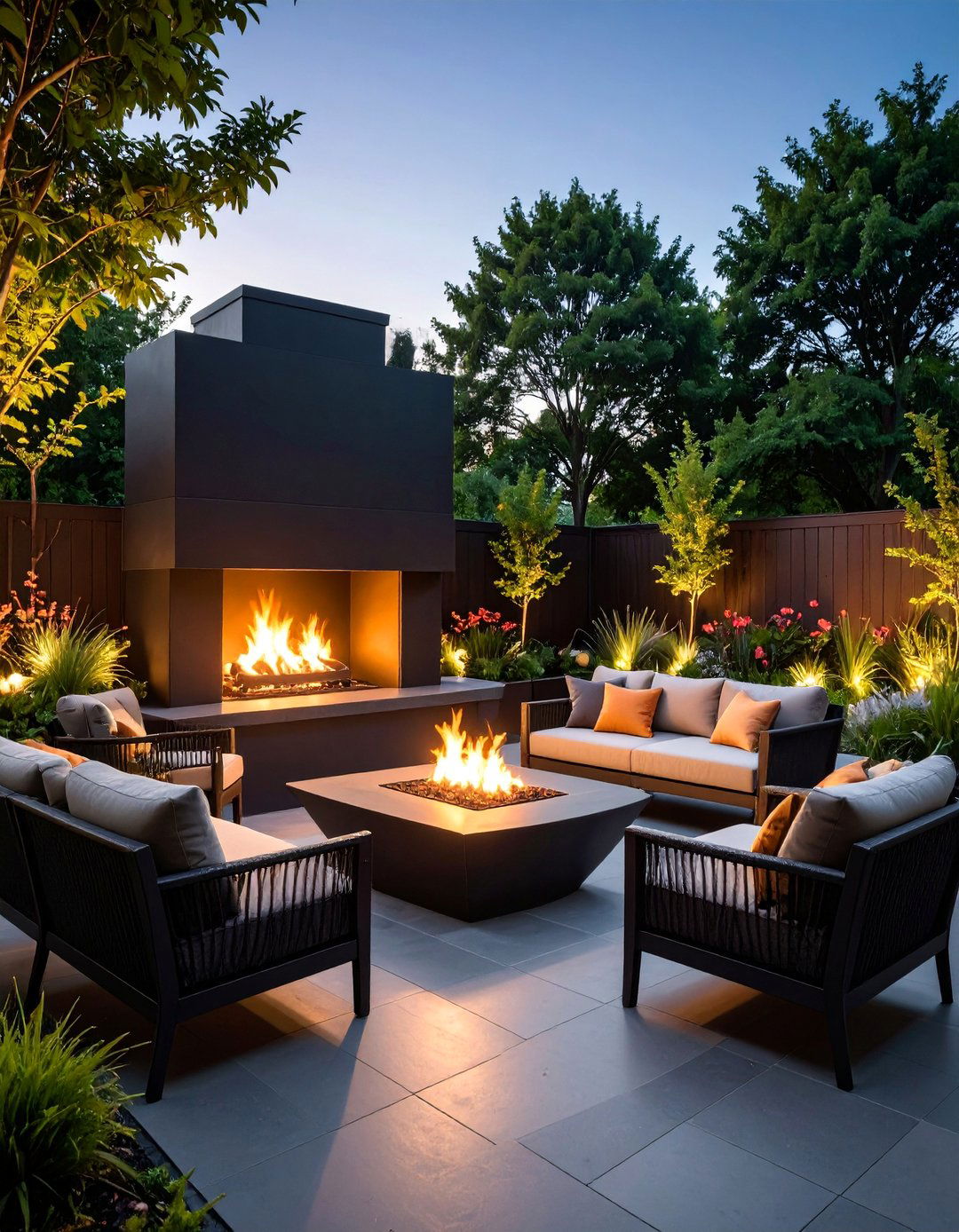 Black Concrete Patio with Outdoor Fireplace and Entertainment Zone - 25 black concrete patio ideas