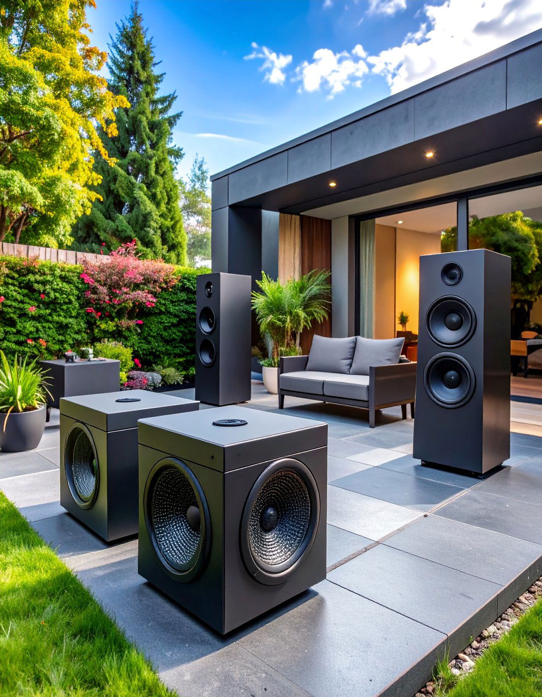 Black Concrete Patio with Outdoor Sound System Integration - 25 black concrete patio ideas