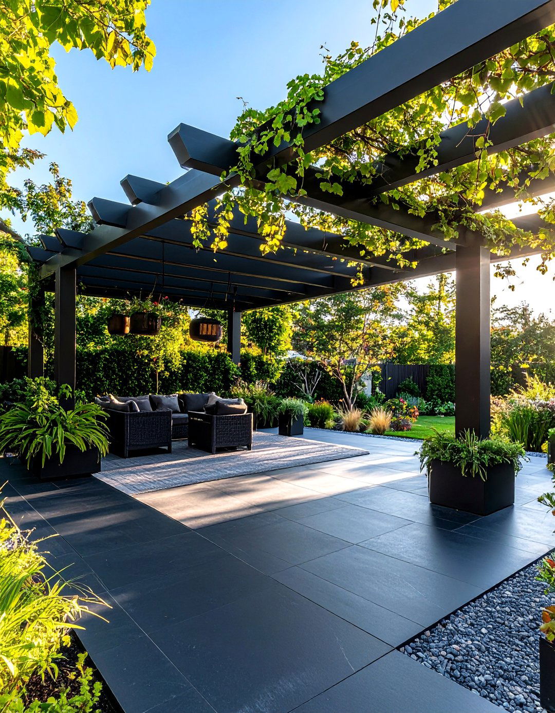 Black Concrete Patio with Pergola and Hanging Garden Elements - 25 black concrete patio ideas