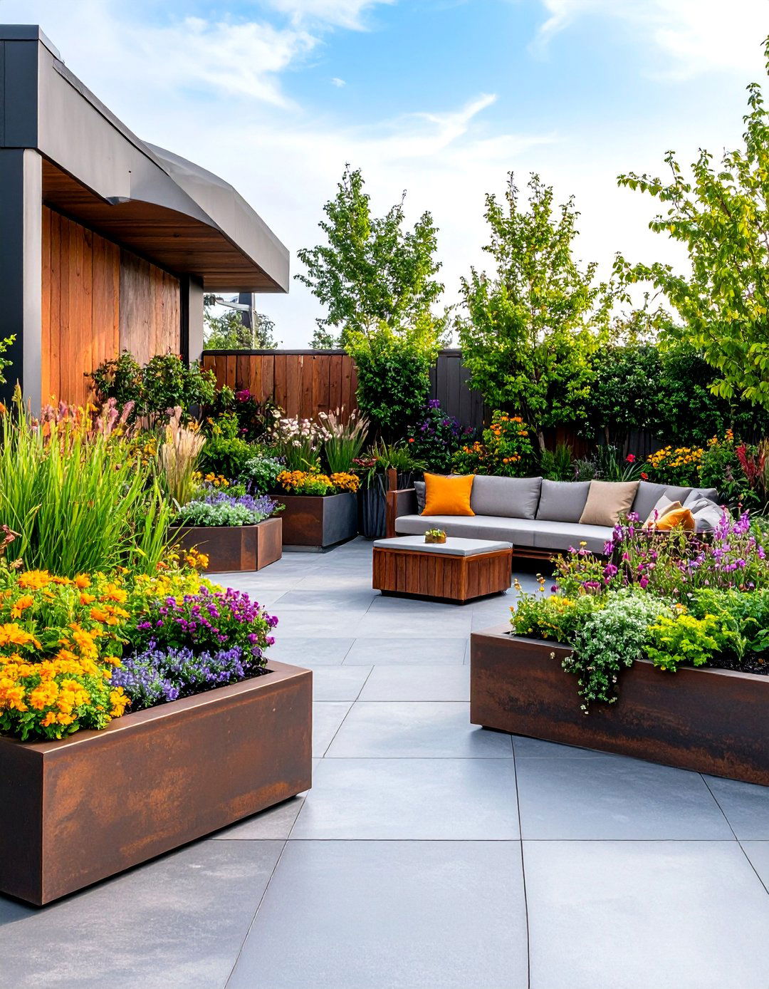 Black Concrete Patio with Raised Planter Walls and Garden Integration - 25 black concrete patio ideas