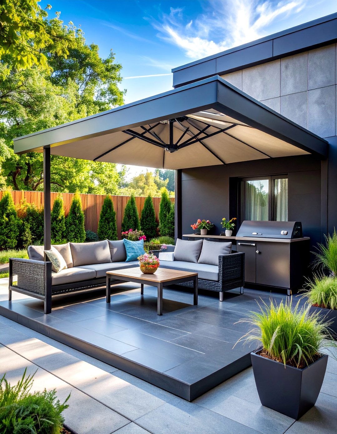 Black Concrete Patio with Shade Structure and Cooling Systems - 25 black concrete patio ideas