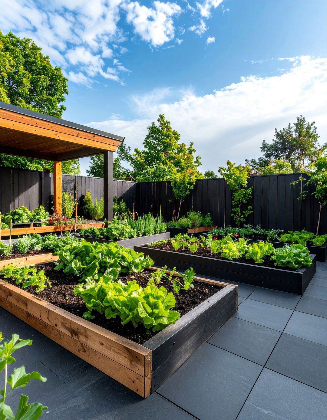Black Concrete Patio with Vegetable Garden Integration - 25 black concrete patio ideas
