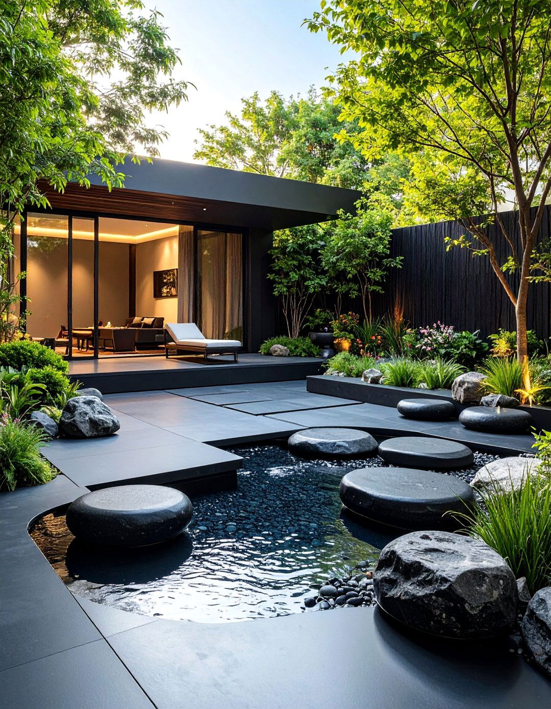Black Concrete Patio with Zen Garden Water Elements - 25 black concrete patio ideas