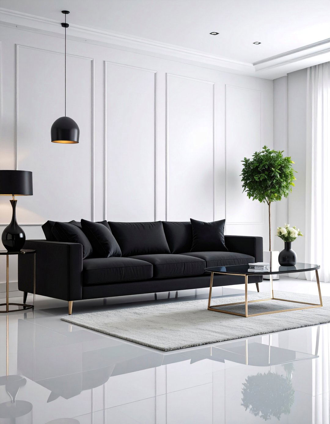 Black Couch with Bright White and Natural Light - 25 Black Couch Living Room Ideas