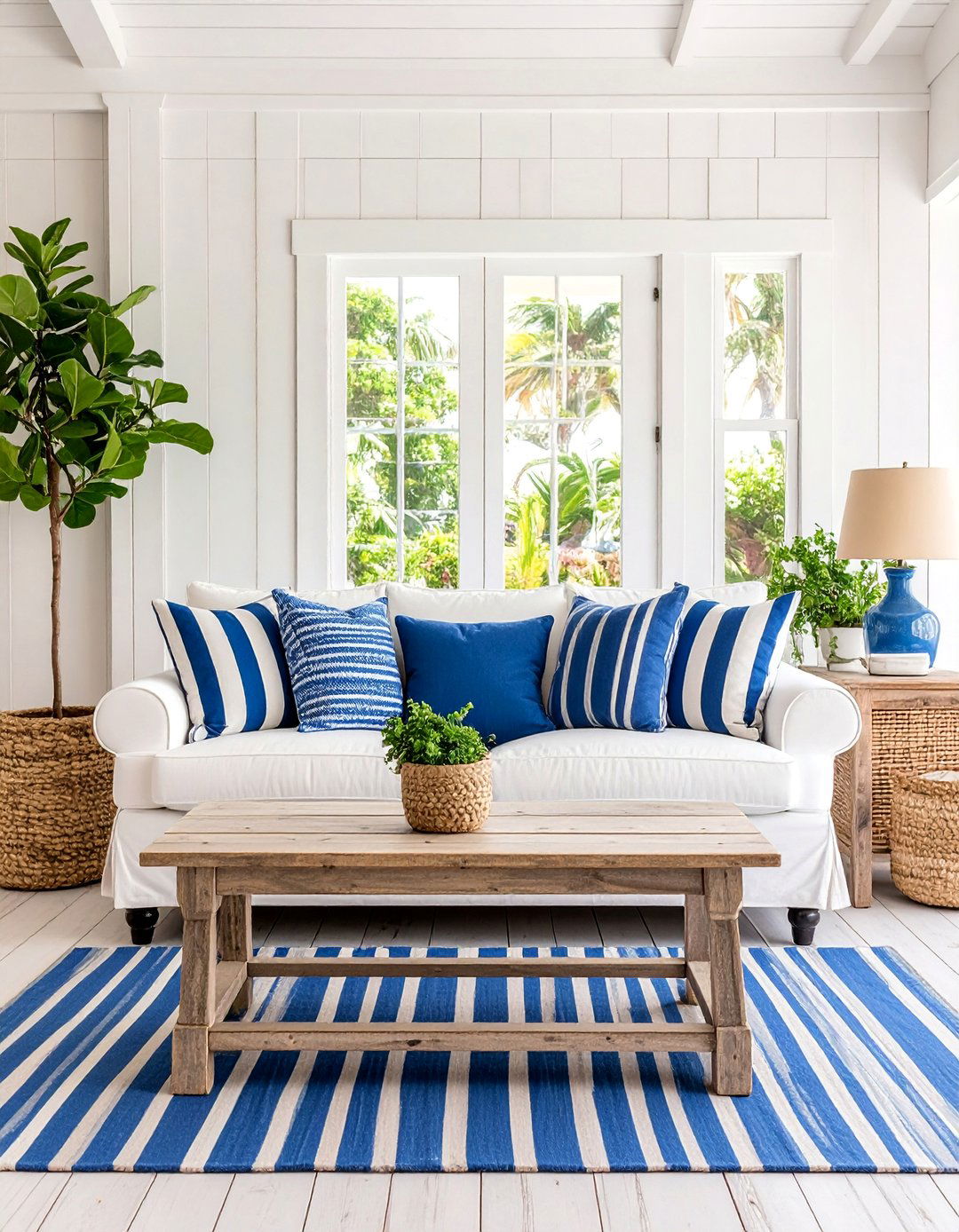 Black Couch with Coastal Blue and White Color Scheme - 25 Black Couch Living Room Ideas