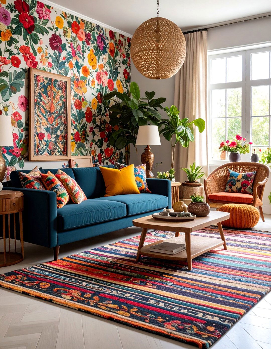 Black Couch with Maximalist Pattern and Color Mix - 25 Black Couch Living Room Ideas