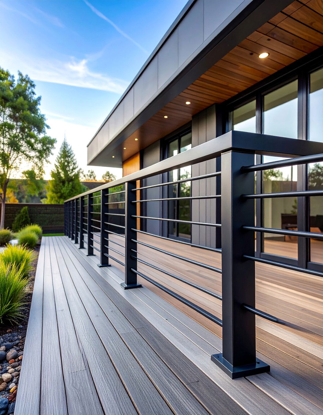 Black Deck Railing with Horizontal Rod Infill - 25 black deck railing ideas