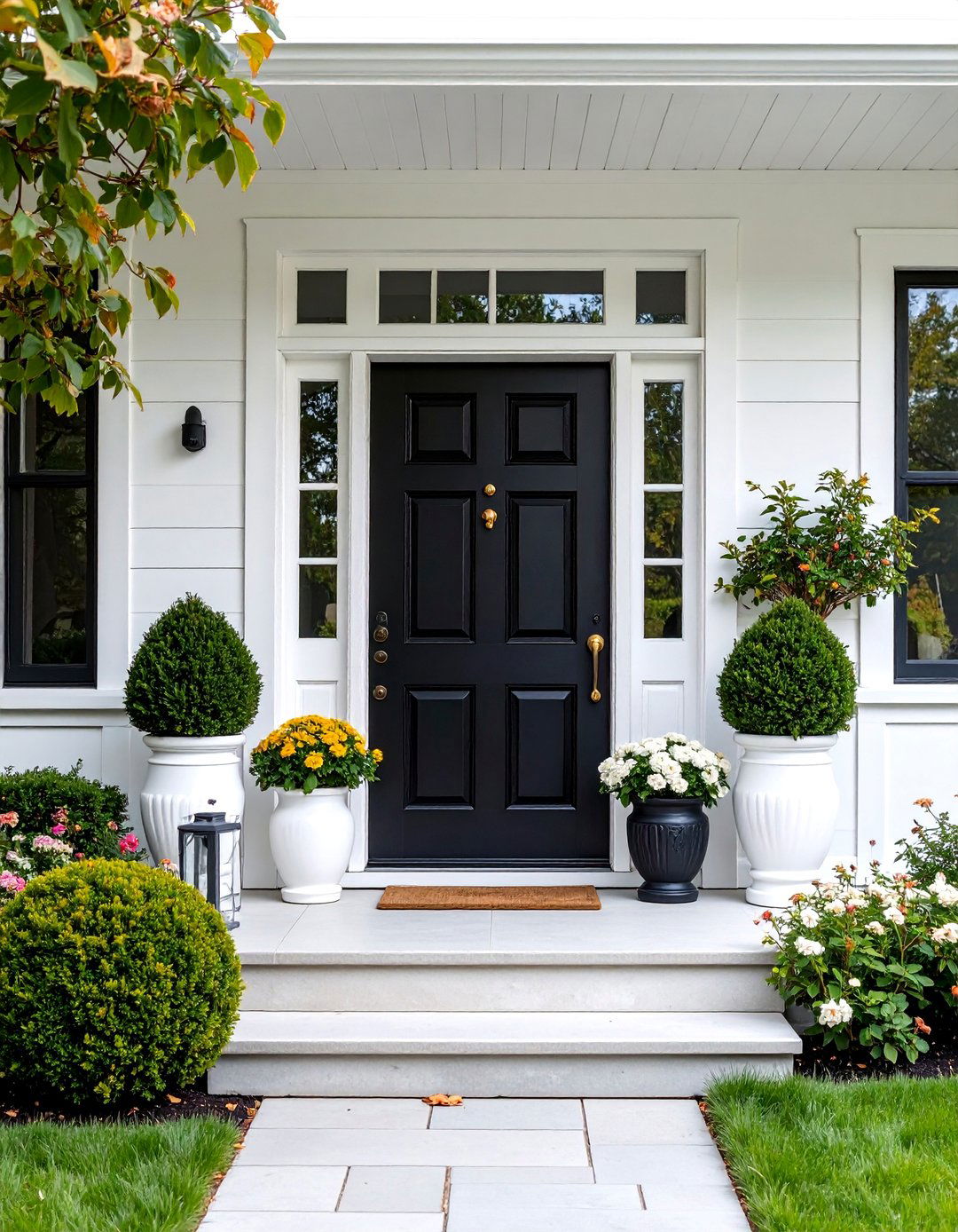 Black Door Statement with White Surrounding Elements - 25 Black and White Entryway Design Ideas