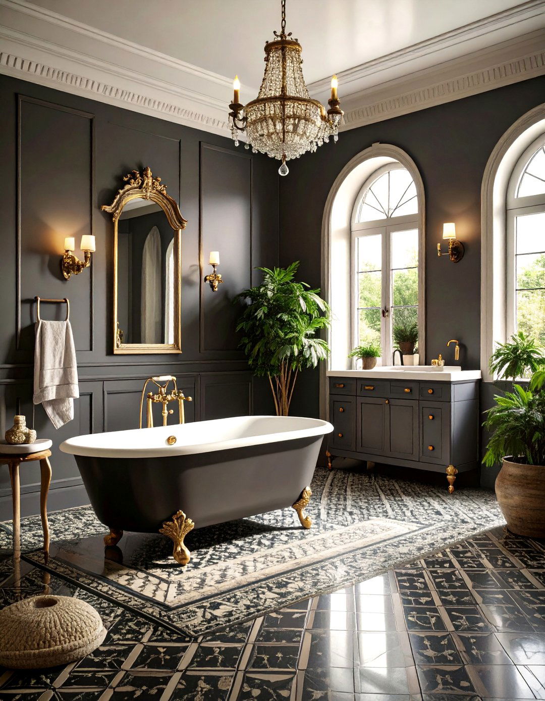 Black Encaustic Tile Vintage Pattern Floor - 25 Black Floor Bathroom Ideas
