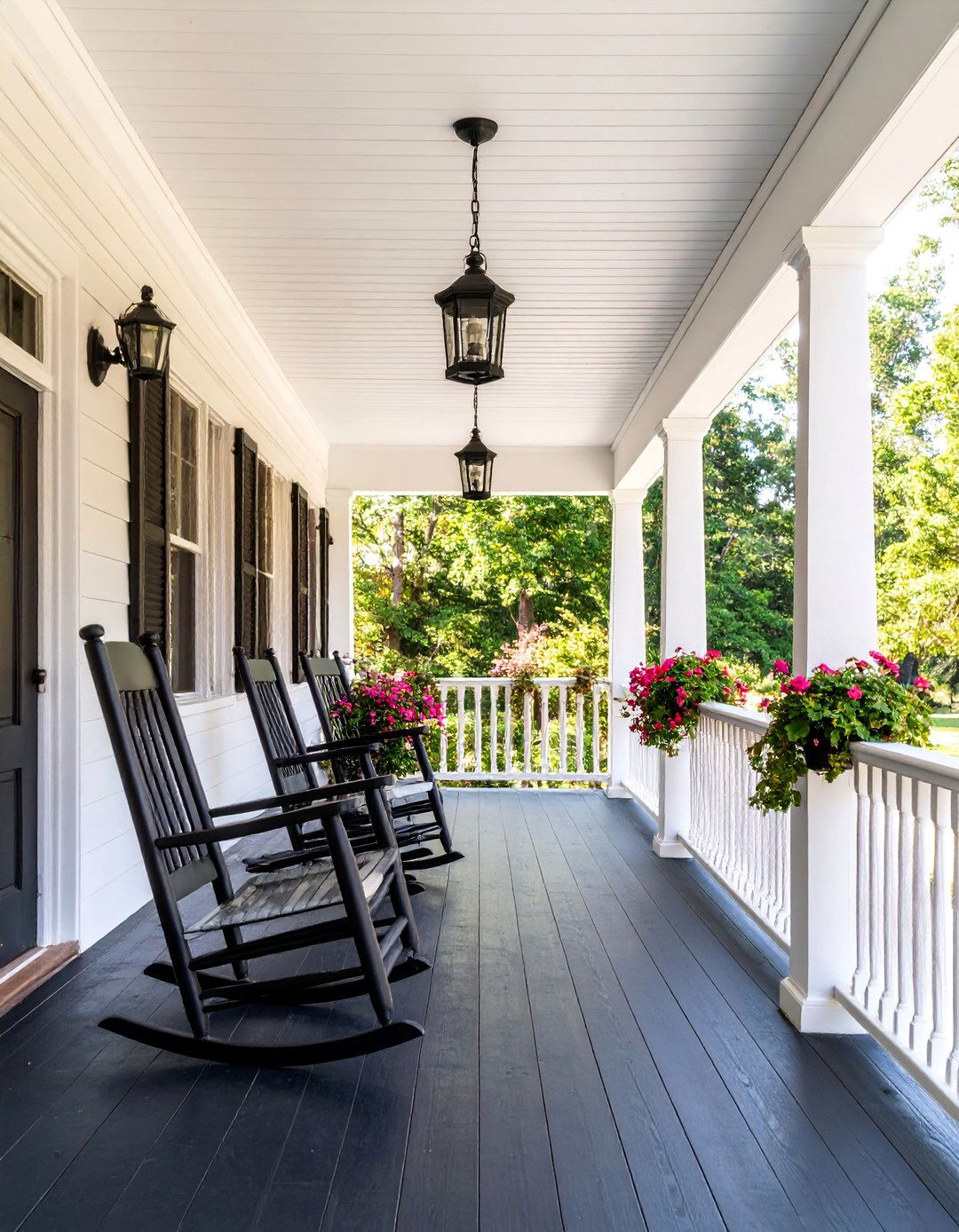 Black Farmhouse Porch with White Accents - 25 Black Porch Ideas