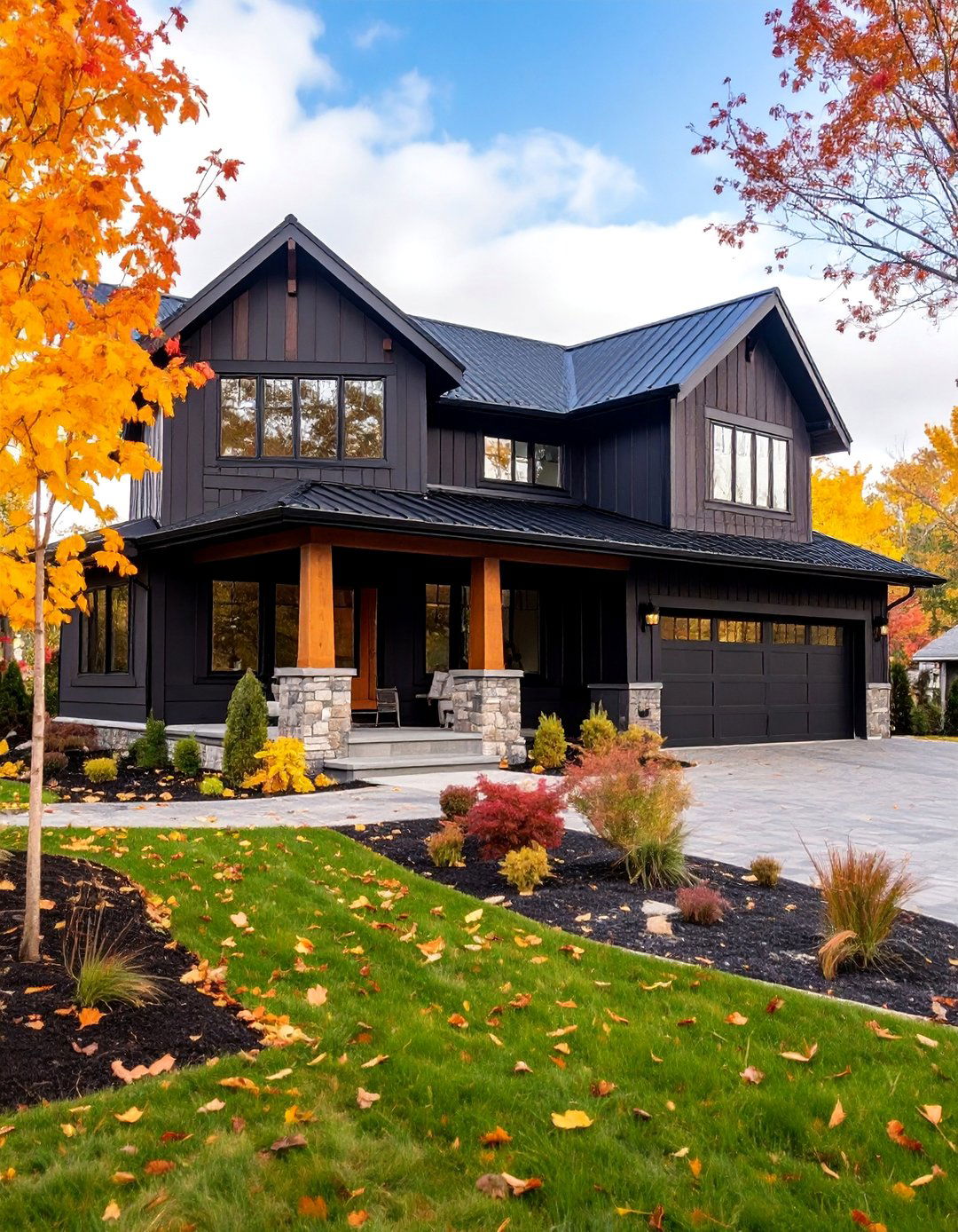 Black Farmhouse with Covered Breezeway - 25 Black Modern Farmhouse Exterior Design Ideas