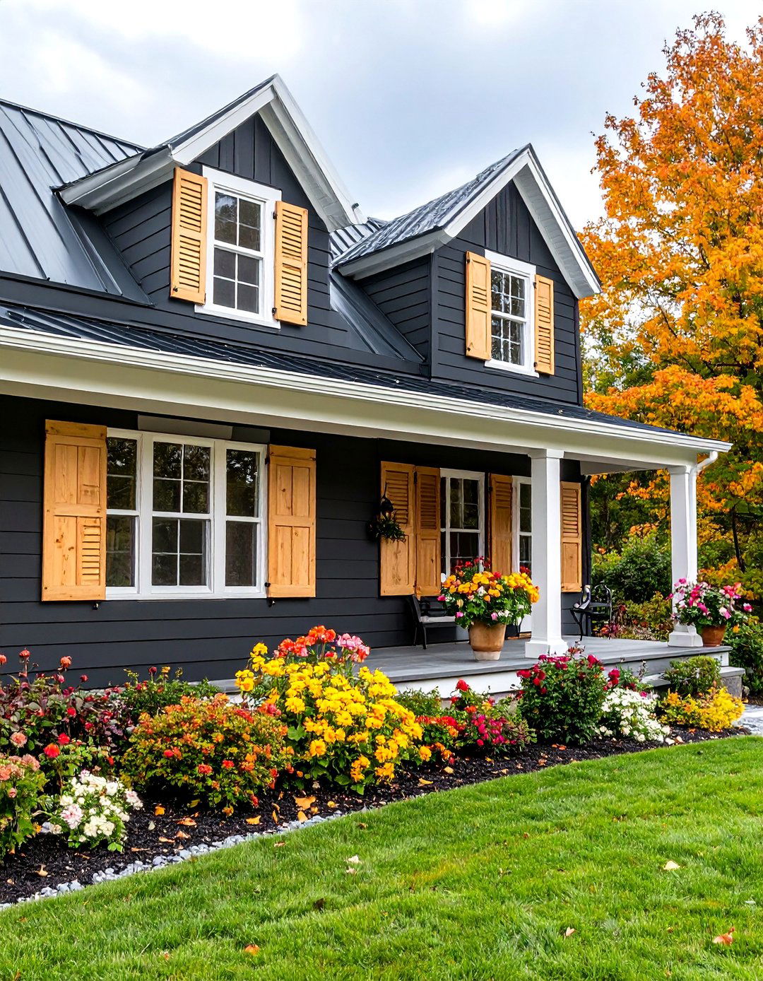 Black Farmhouse with Natural Wood Shutters - 25 Black Modern Farmhouse Exterior Design Ideas