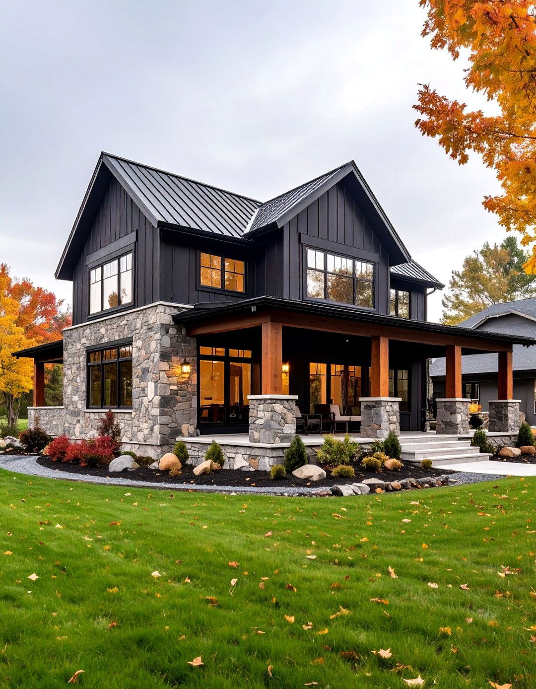 Black Farmhouse with Stone Accent Walls - 25 Black Modern Farmhouse Exterior Design Ideas