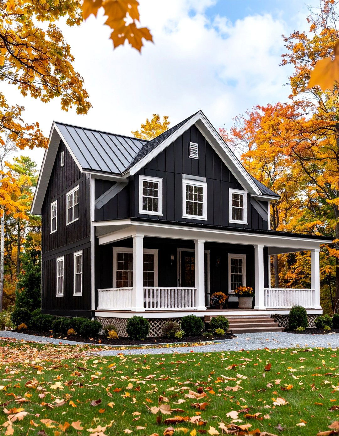 Black Farmhouse with White Trim Contrast - 25 Black Modern Farmhouse Exterior Design Ideas