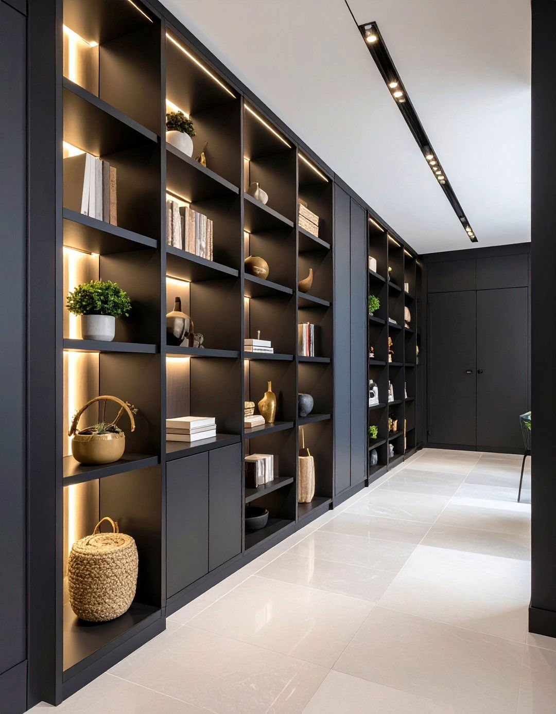 Black Feature Wall with Floating Shelves Display - 25 Black Hallway Ideas