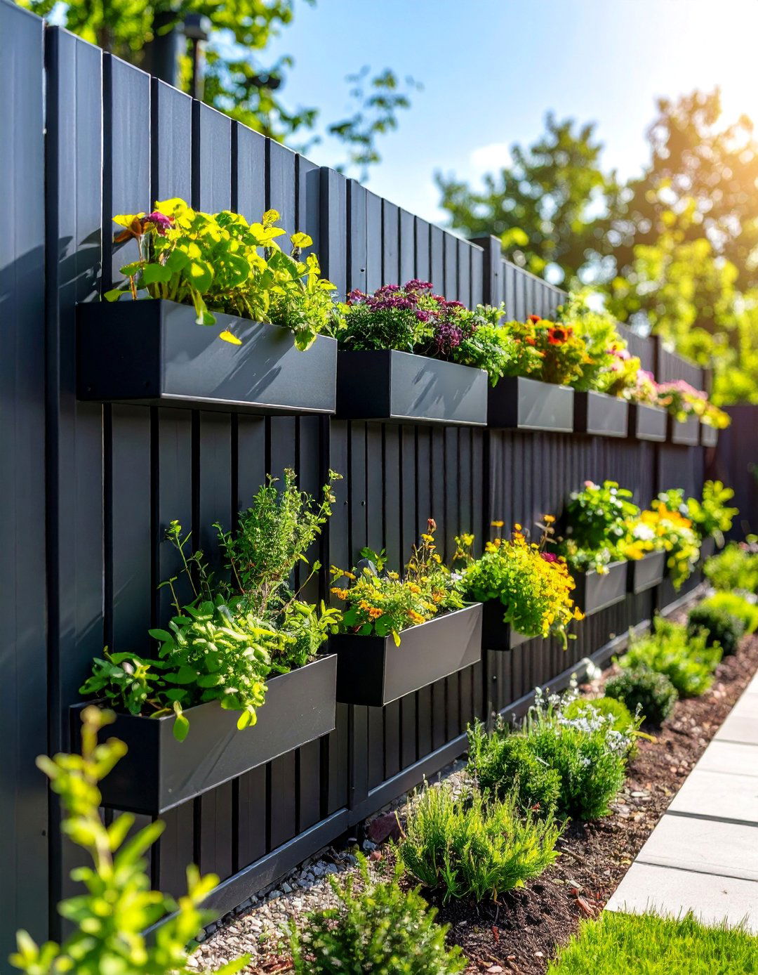 Black Fence with Integrated Planter Boxes - 25 Black Fence Ideas
