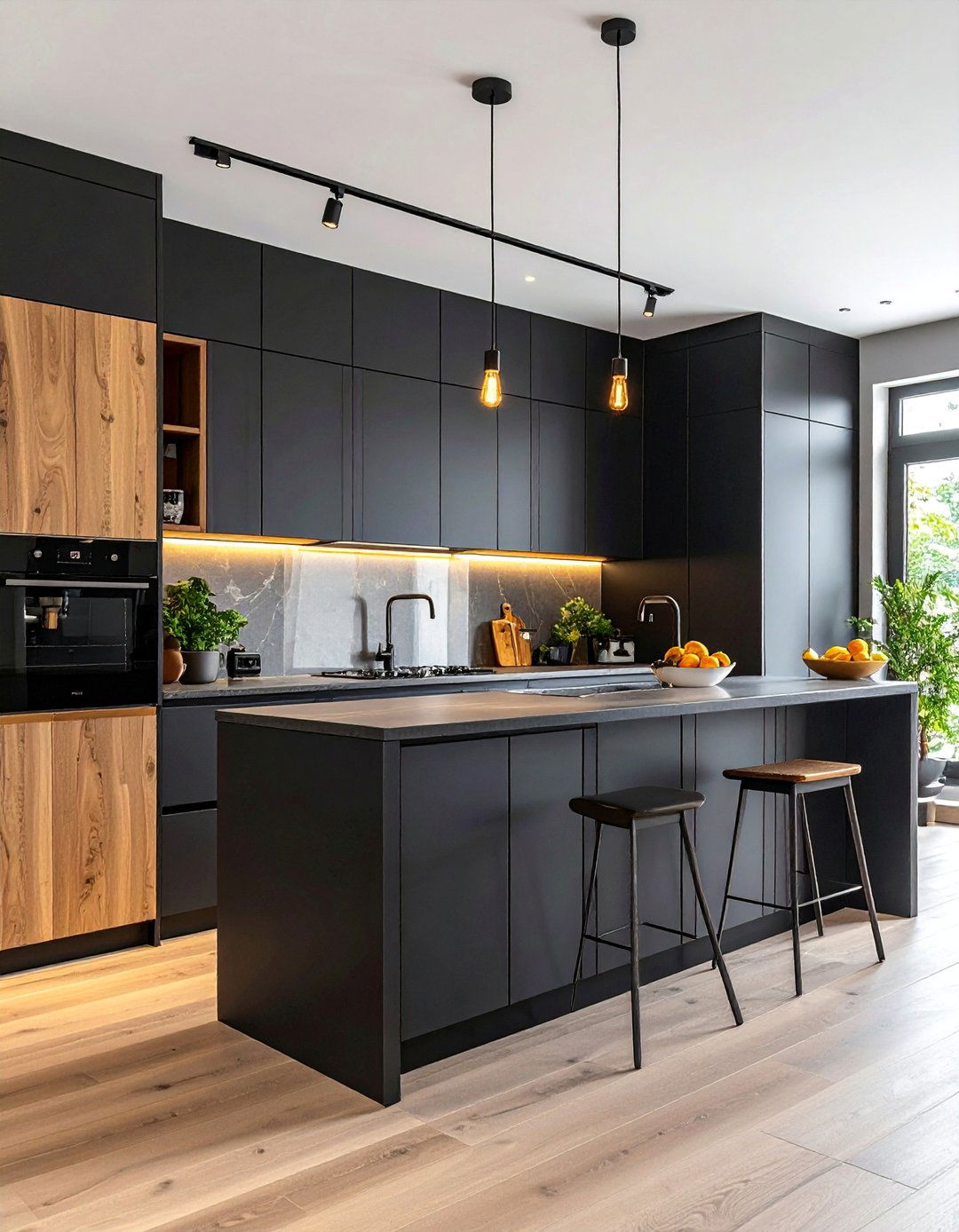 Black Flat Panel Cabinets in Galley Kitchen Layout - 25 Black Kitchen Cabinet Ideas