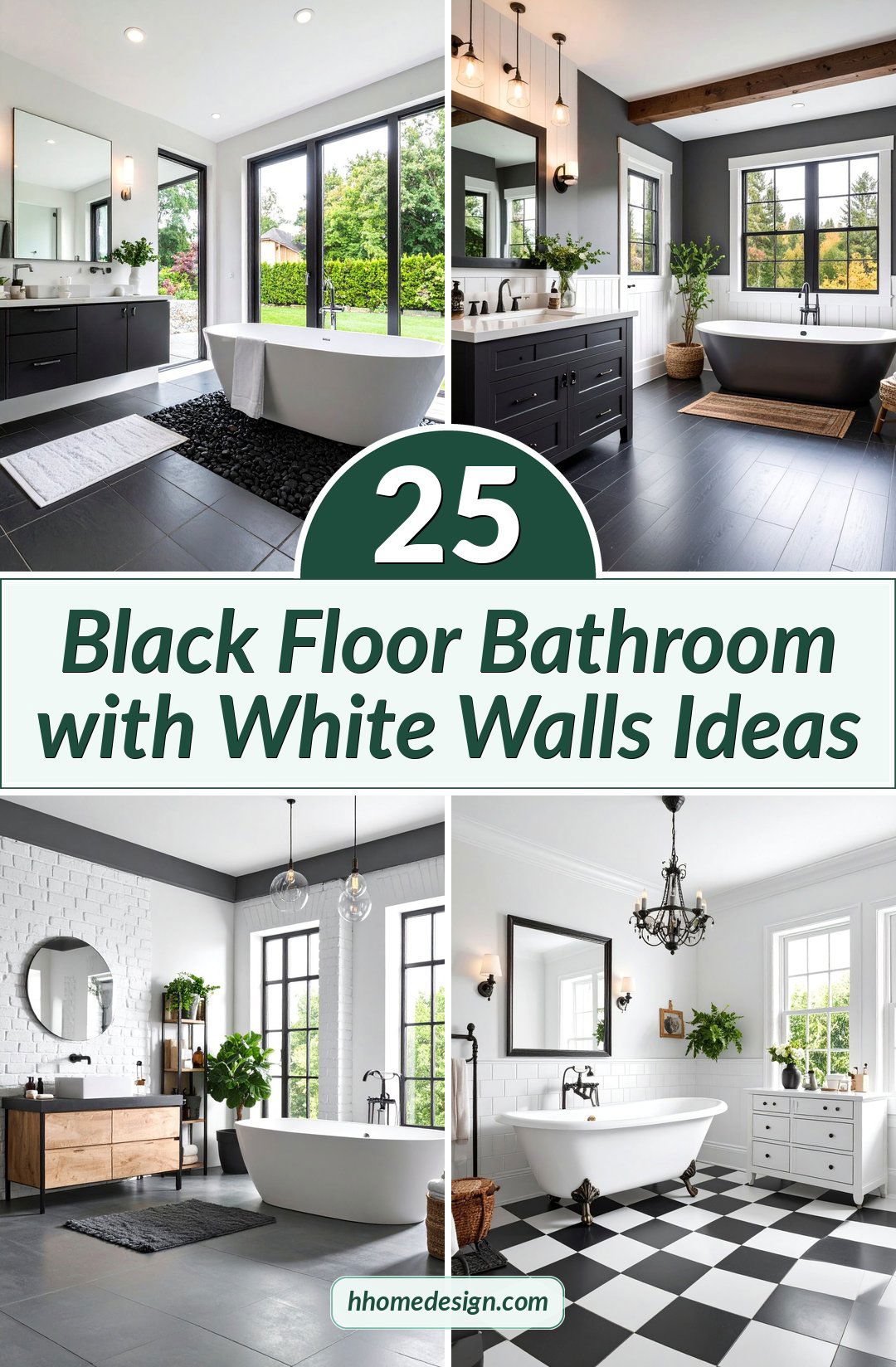 25 Black Floor Bathroom with White Walls Ideas