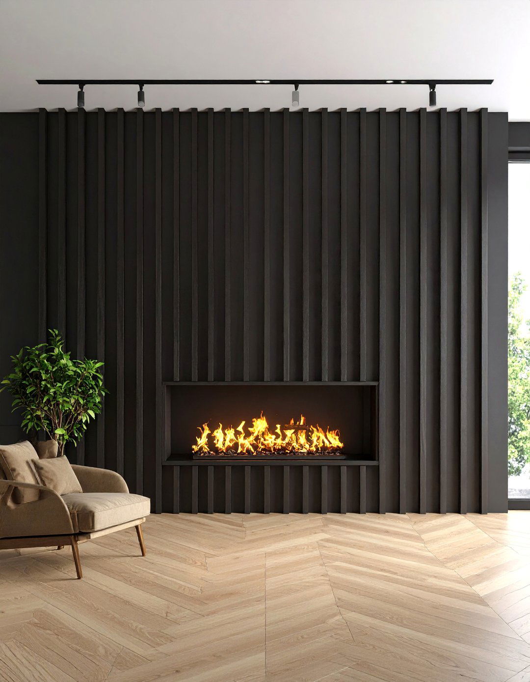 Black Fluted Wood Panel Fireplace Wall - 25 Black and White Fireplace Ideas