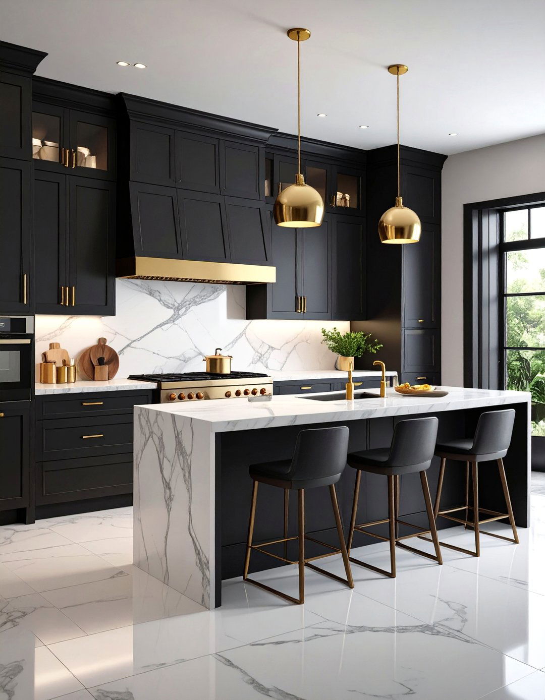 Black Forest Kitchen with Brass and Marble Details - 25 Dark Kitchen Ideas