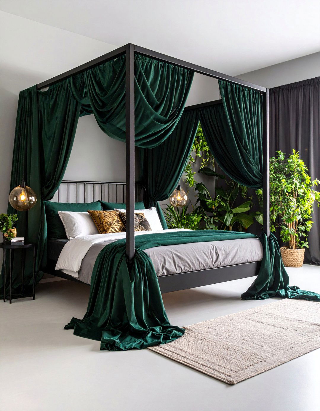 Black Four Poster with Green Canopy Draping - 25 Black and Green Bedroom Design Ideas