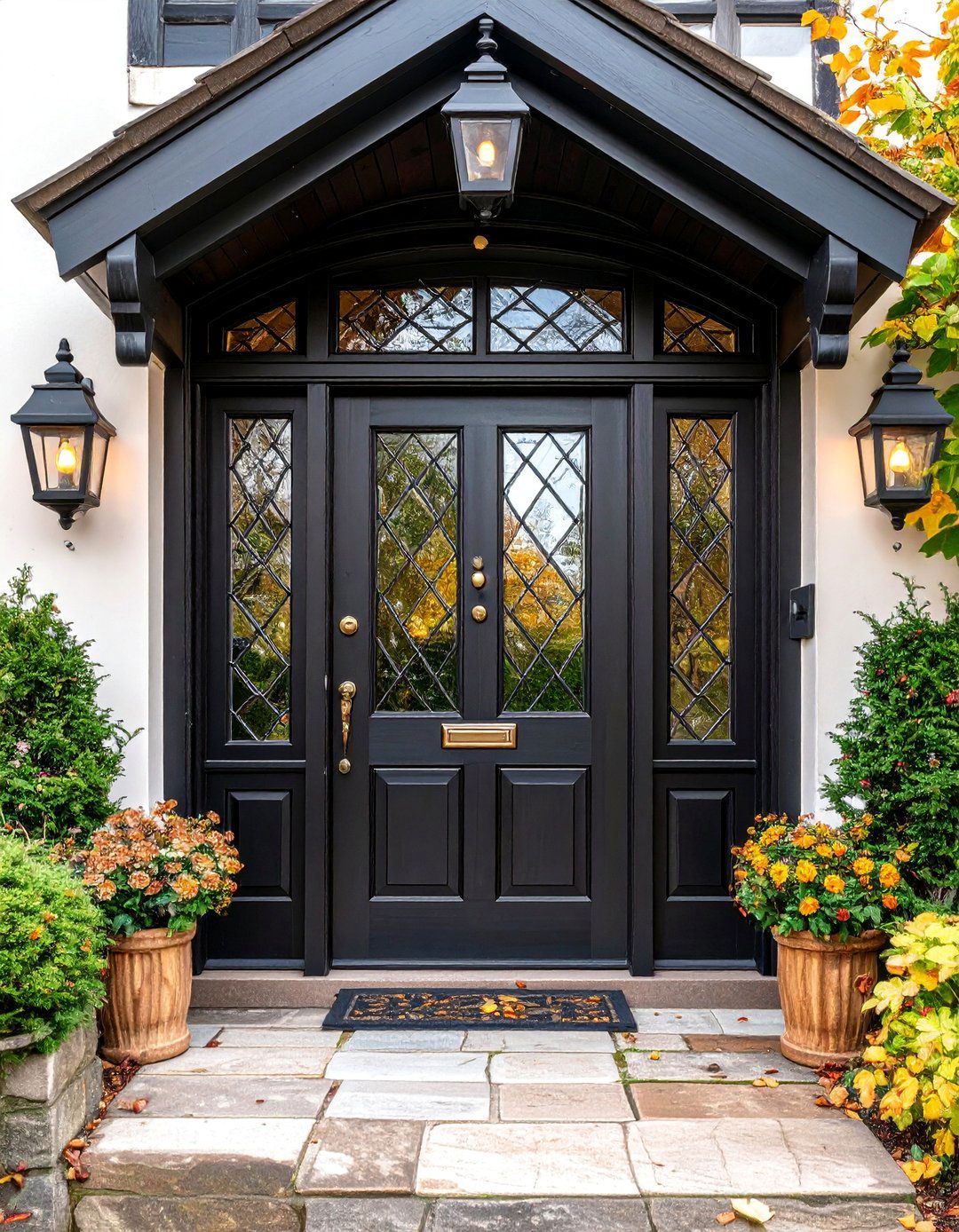 Black Front Door with Leaded Glass Diamond Pattern - 25 Black Front Door Ideas