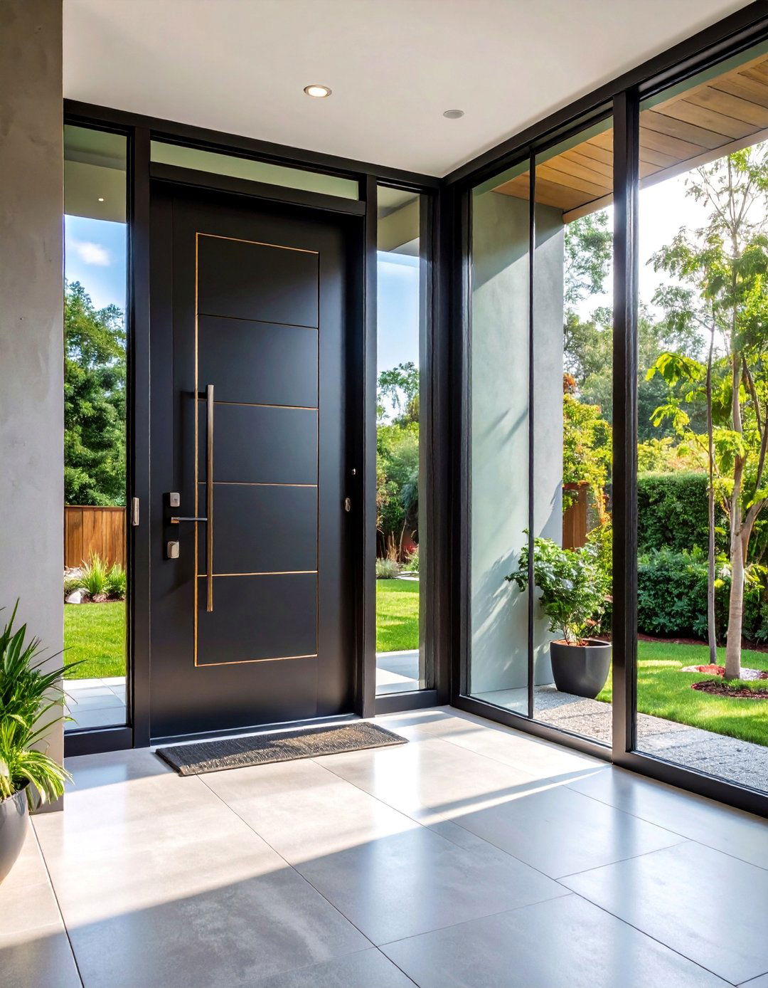 Black Front Door with Oversized Rectangular Glass Panel - 25 Black Front Door Ideas