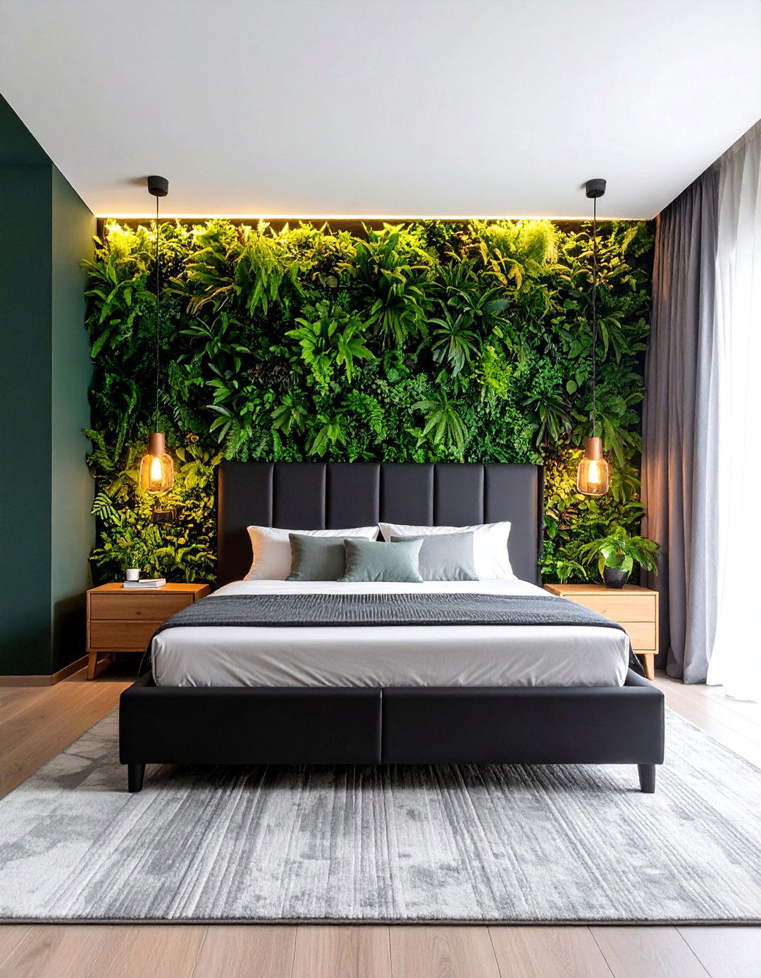 Black Furniture with Green Plant Wall - 25 Black and Green Bedroom Design Ideas