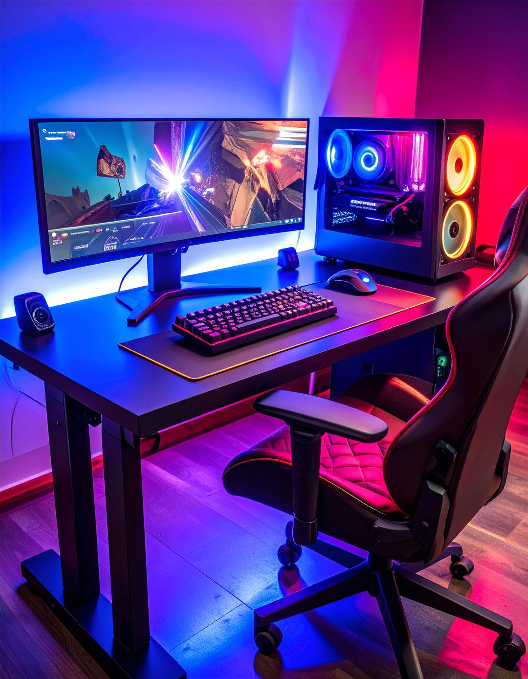 Black Gaming Desk with Built in Features - 25 Black Gaming Room Ideas