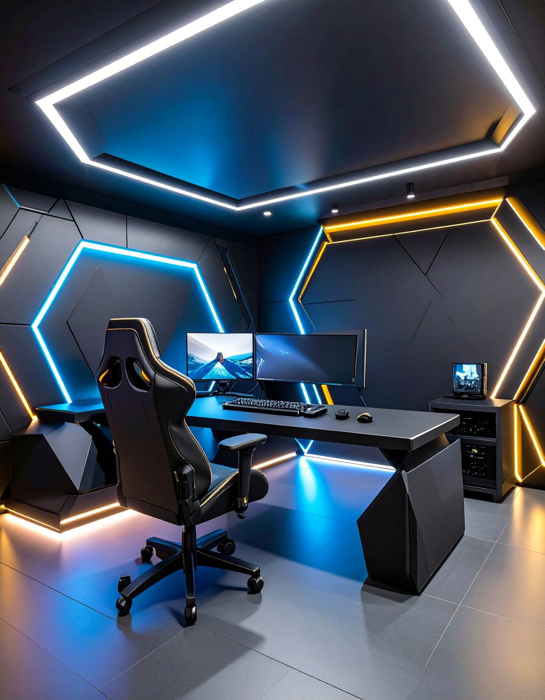Black Gaming Room with Hexagonal Lighting - 25 Black Gaming Room Ideas