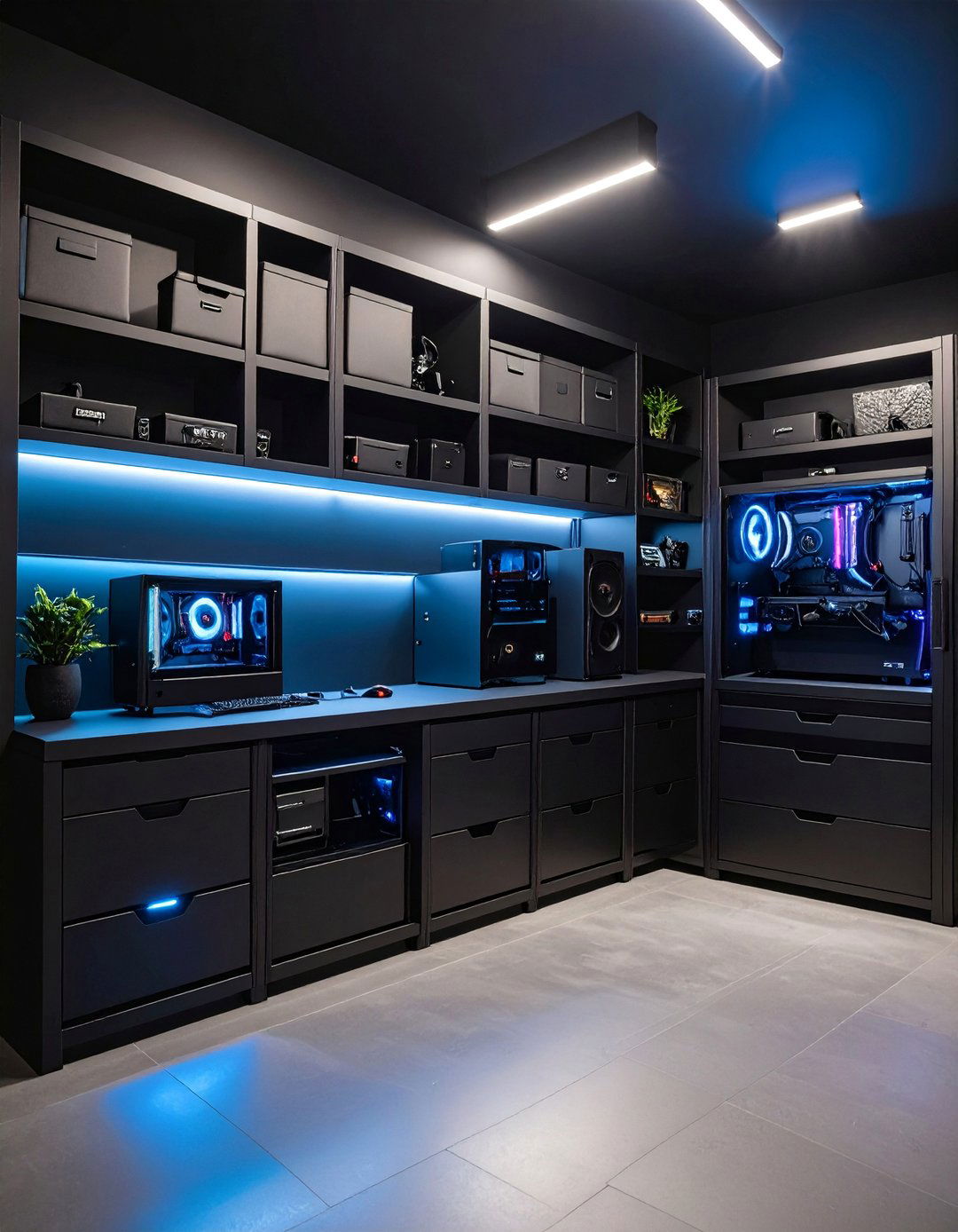 Black Gaming Room with Storage Solutions - 25 Black Gaming Room Ideas