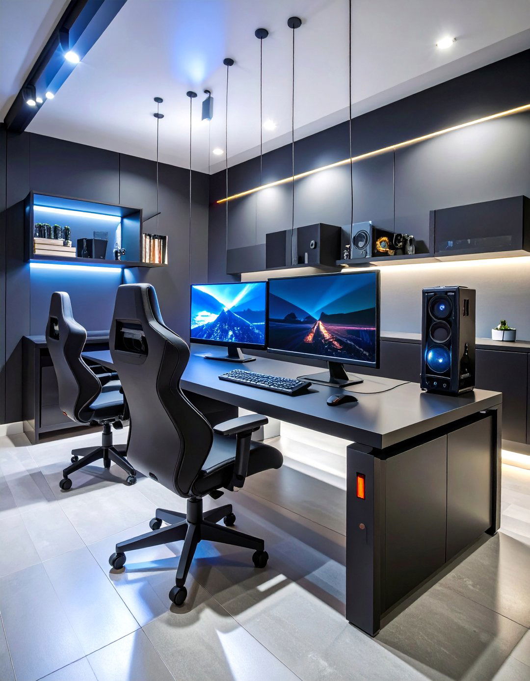 Black Gaming Setup with Floating Elements - 25 Black Gaming Room Ideas