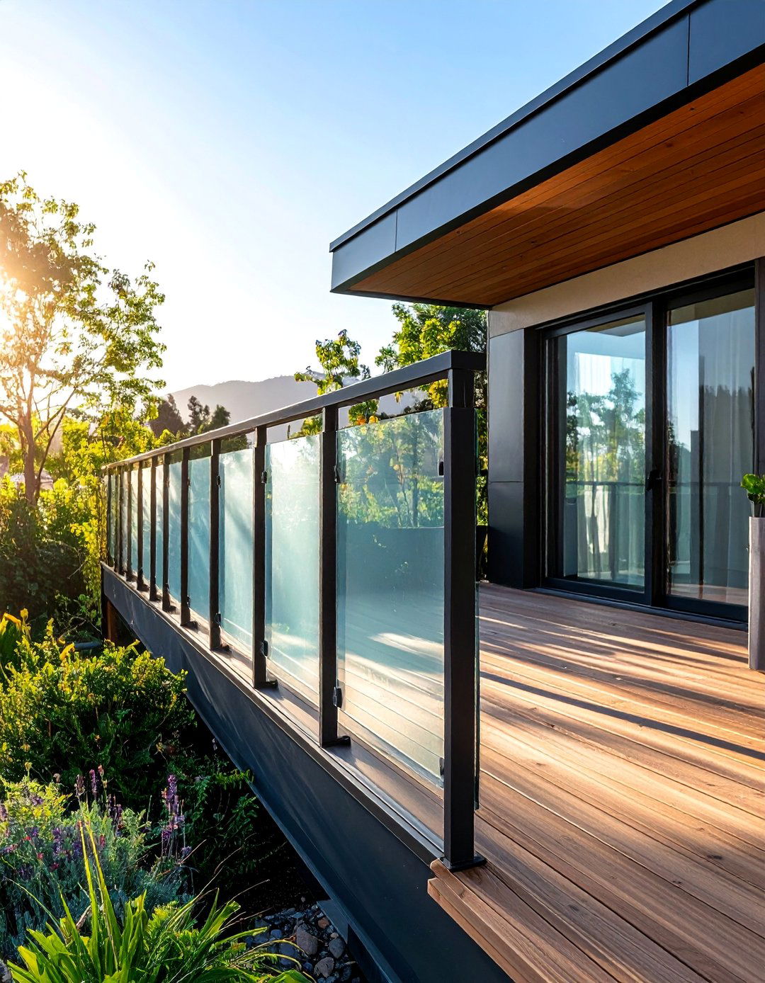 Black Glass Deck Railing with Frosted Privacy Panels - 25 black deck railing ideas