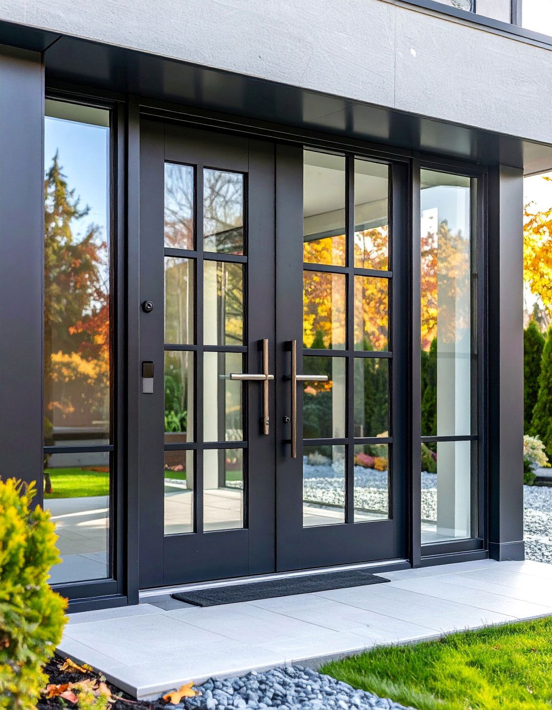 Black Glass Panel Door with Grid Pattern - 25 Black Front Door Ideas