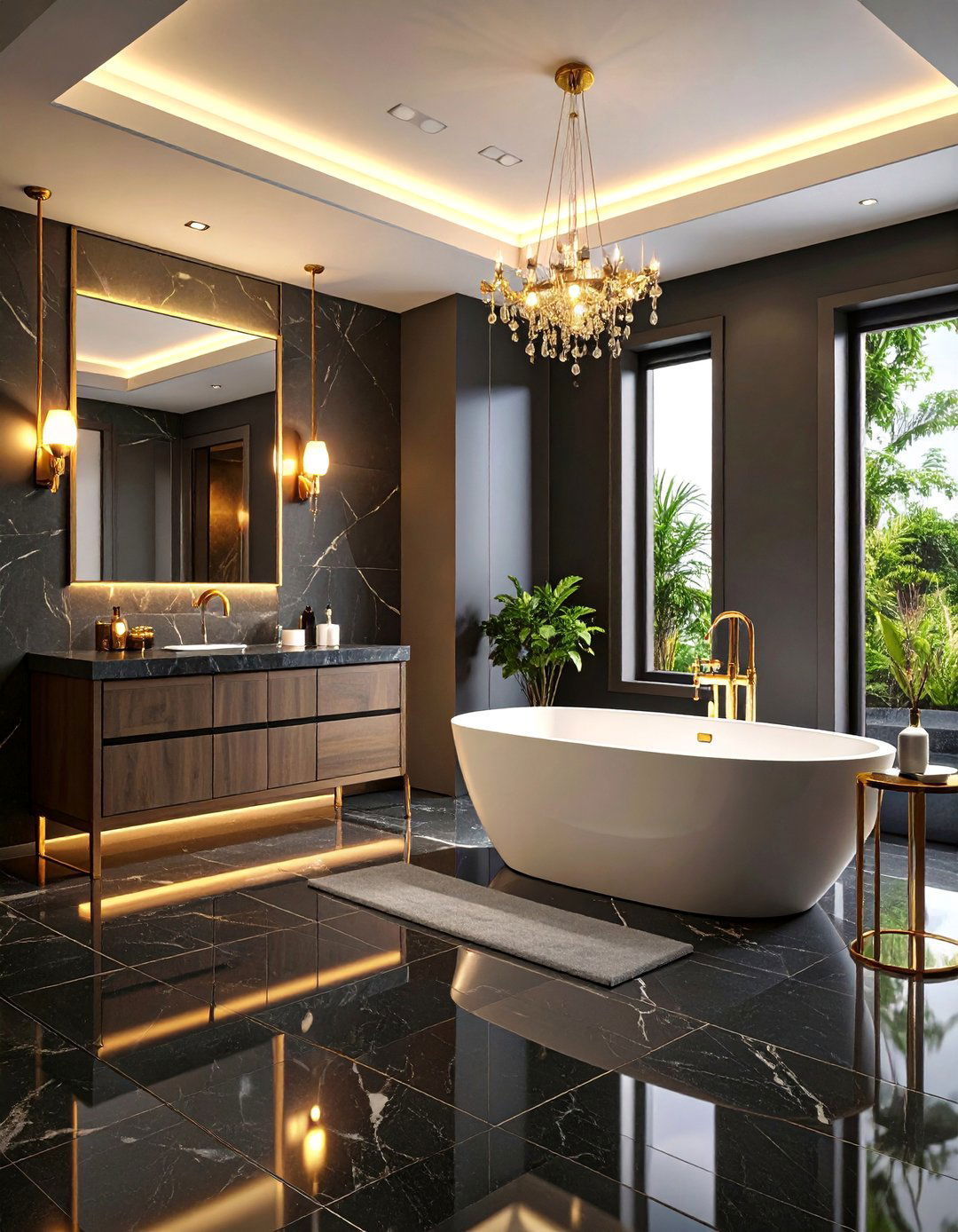 Black Glass Tile Reflective Glamour Floor - 25 Black Floor Bathroom Ideas