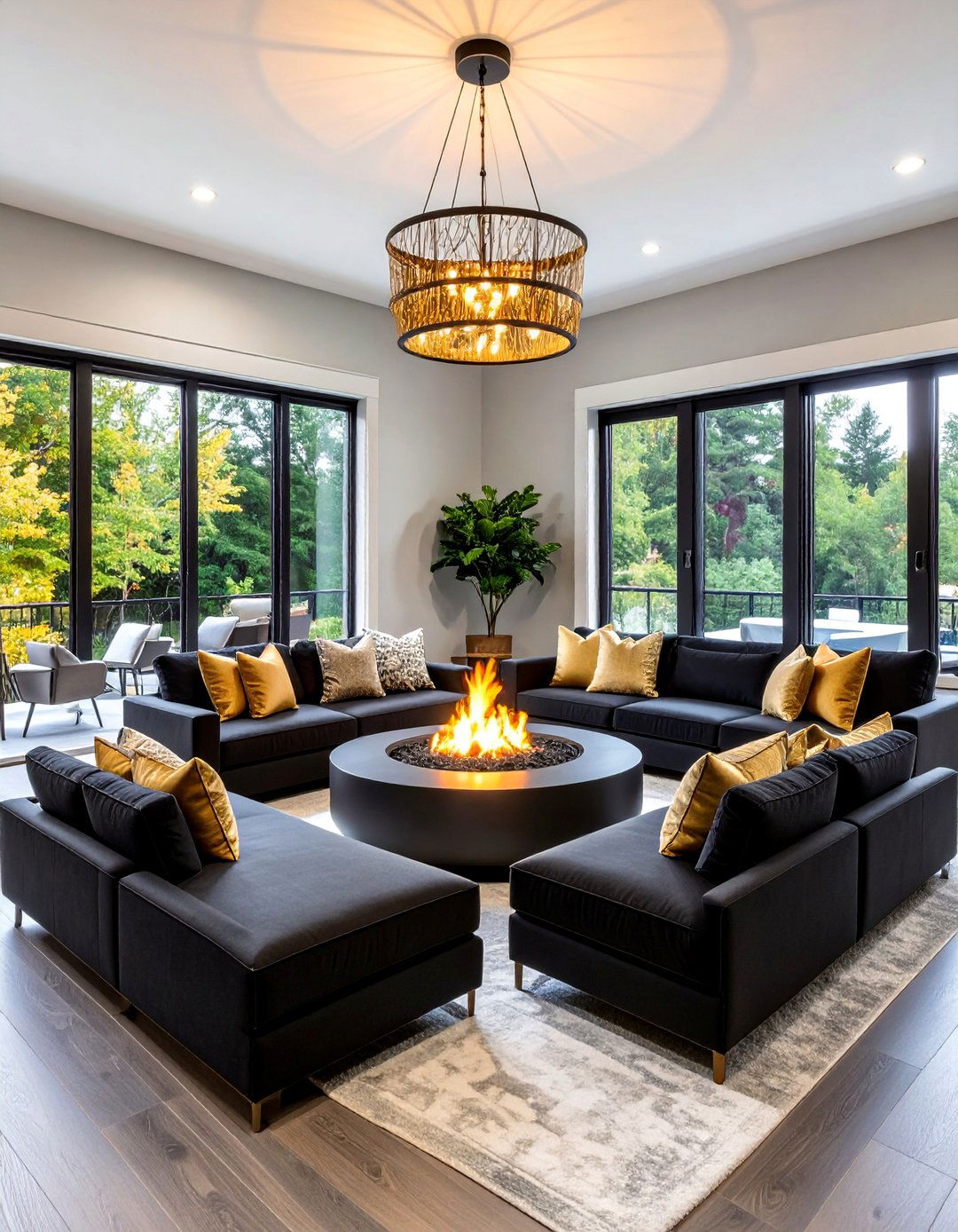 Black Gold Conversation Pit Lounge - 25 Black and Gold Living Room Ideas