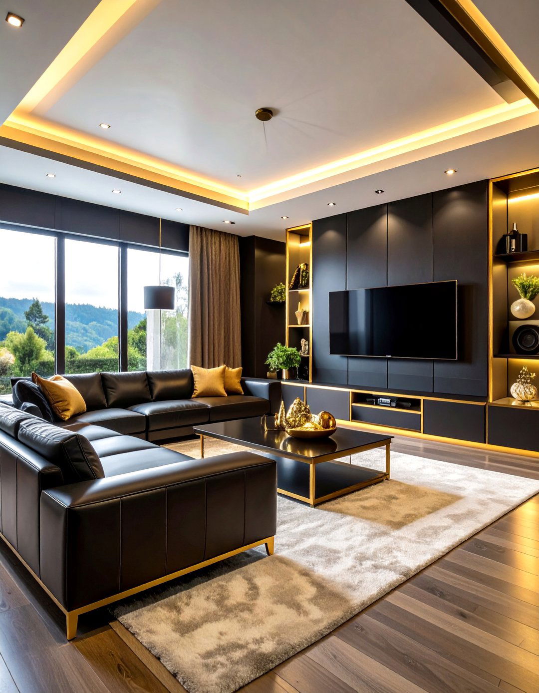 Black Gold Gaming Entertainment Hub - 25 Black and Gold Living Room Ideas