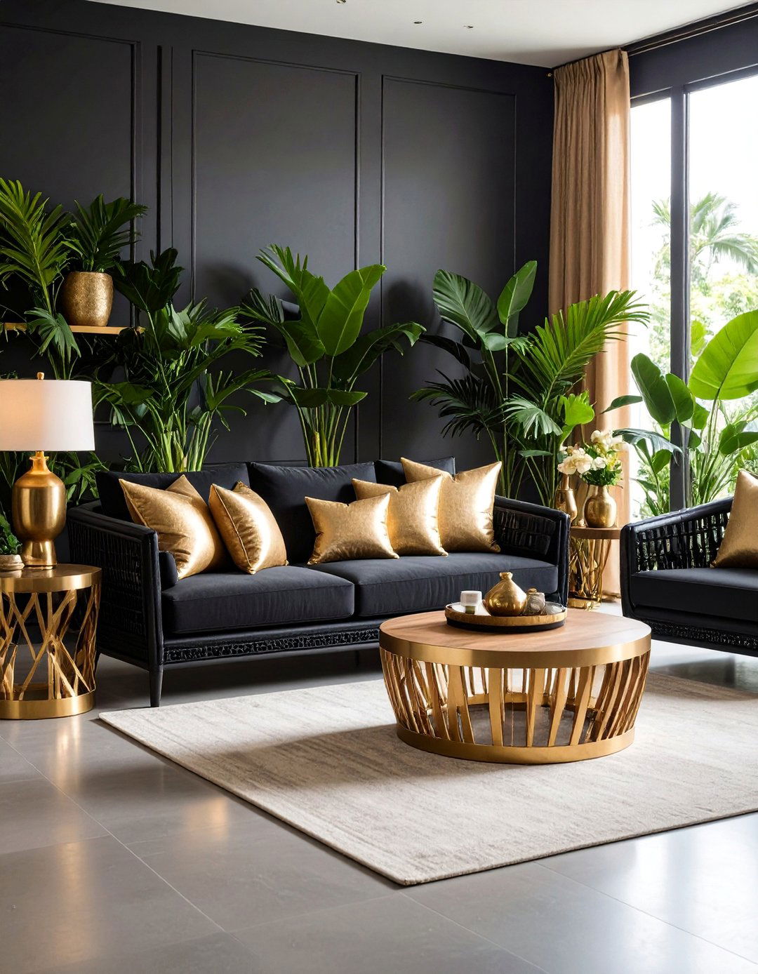 Black Gold Tropical Luxe Retreat - 25 Black and Gold Living Room Ideas