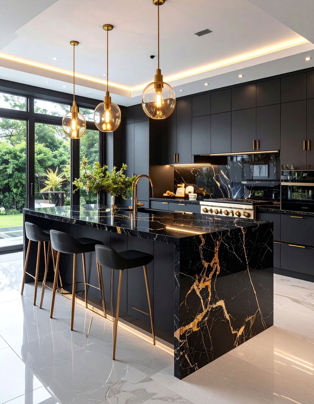 Black Granite Dramatic Waterfall Island - 25 Waterfall Kitchen Island Ideas