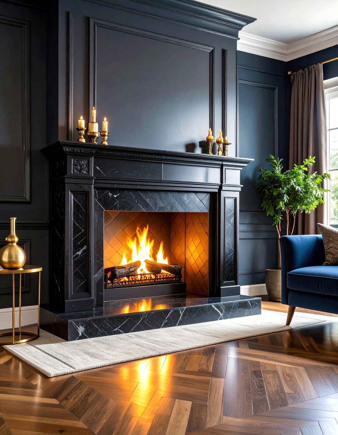 Black Granite Herringbone Pattern Fireplace - 25 Black Stone Fireplace Ideas