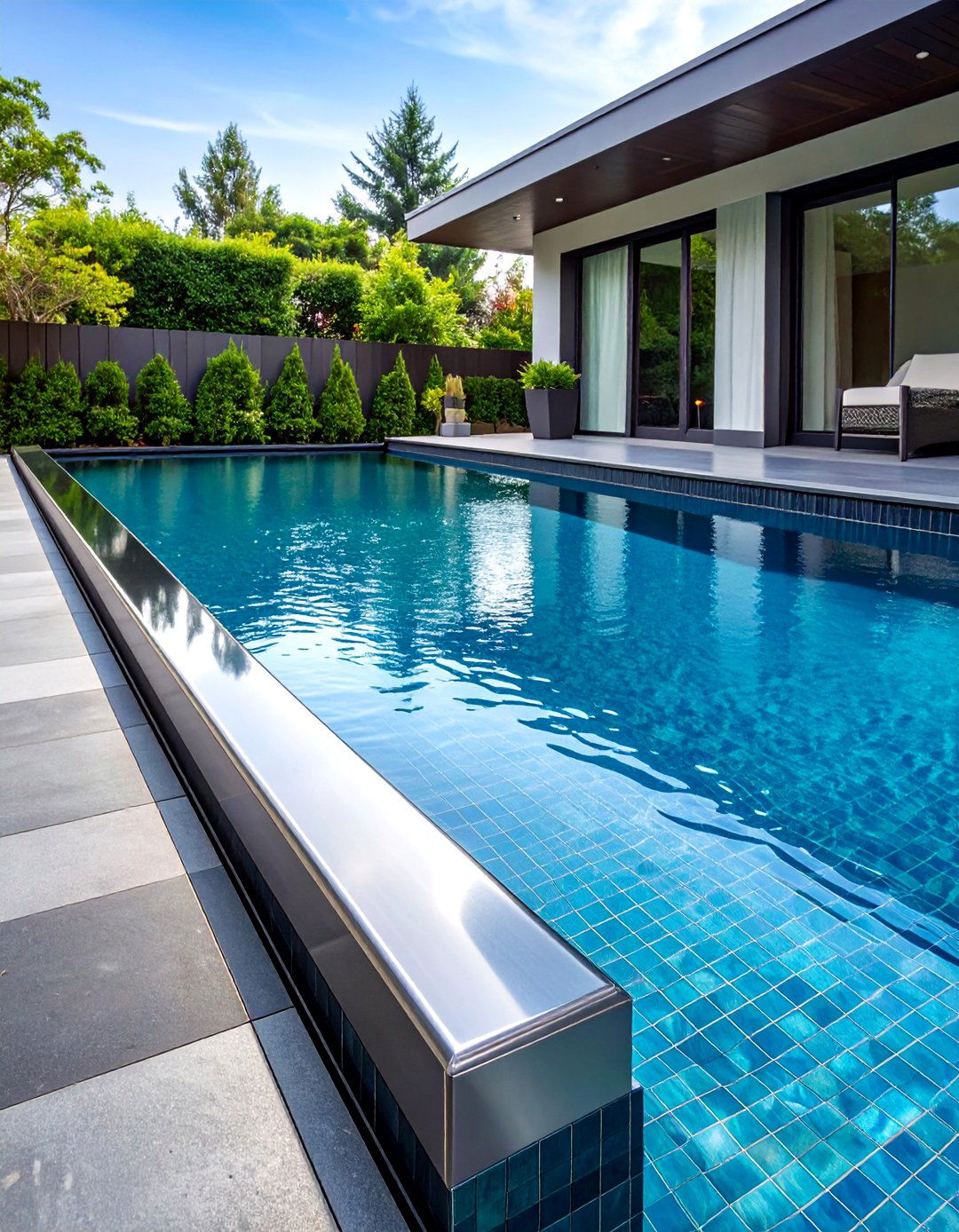 Black Granite Pool Coping with Glass Waterline - 25 Pool Tile Ideas