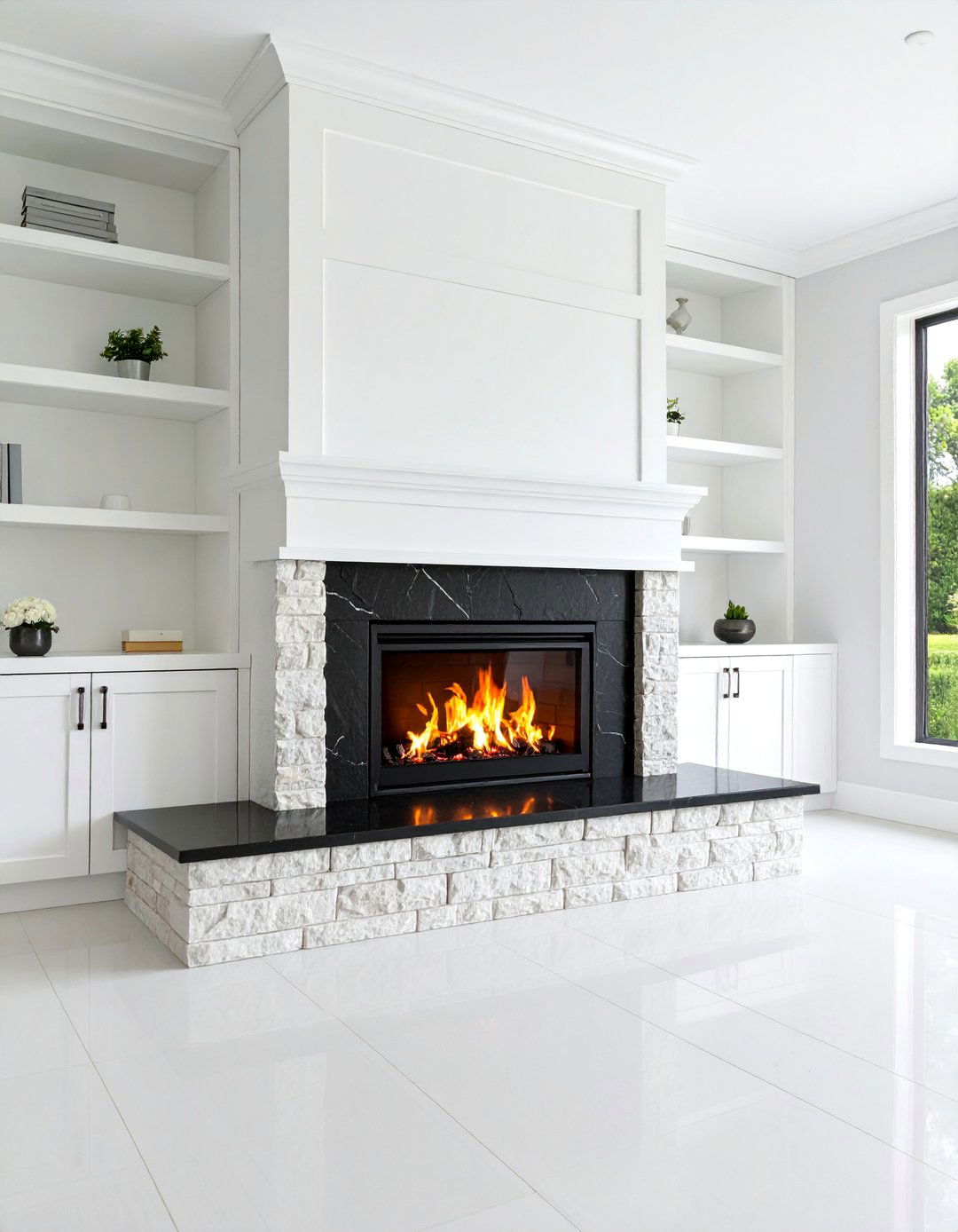 Black Granite Slab Fireplace with White Built ins - 25 Black and White Fireplace Ideas