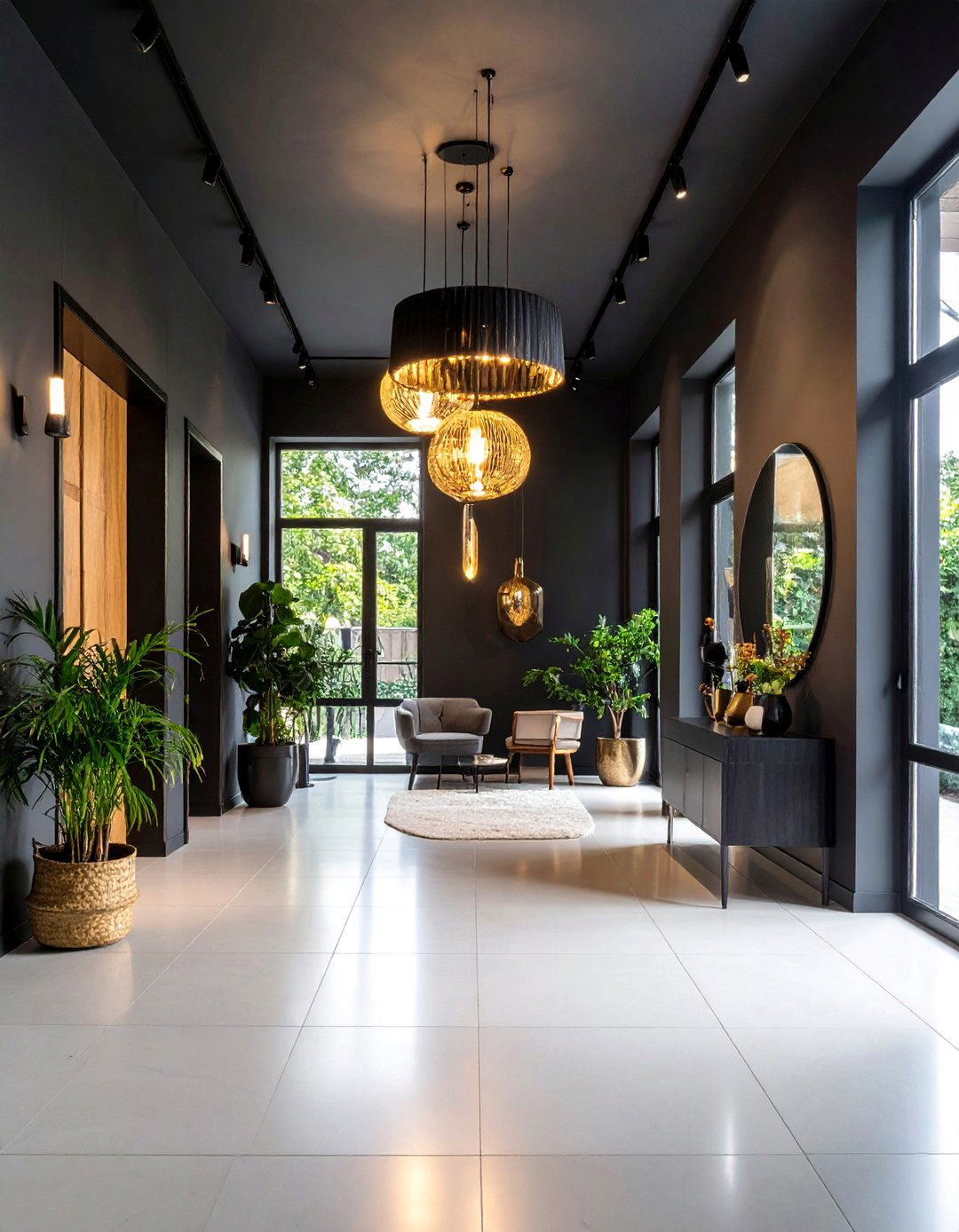 Black Hallway with Dramatic Pendant Light Installation - 25 Black Hallway Ideas